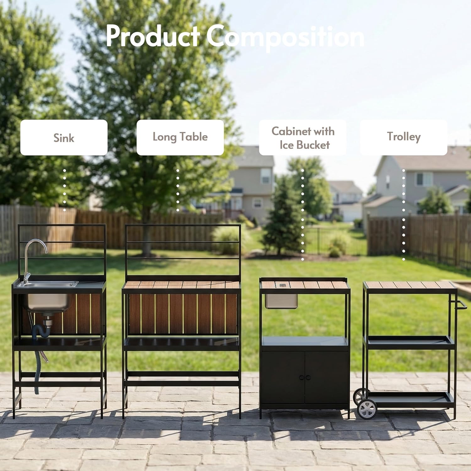 Modular Outdoor Kitchen Island with Aluminum Cabinets, Stainless Steel Sink & Food-Safe Countertop for Patio, Deck & Backyard Entertaining