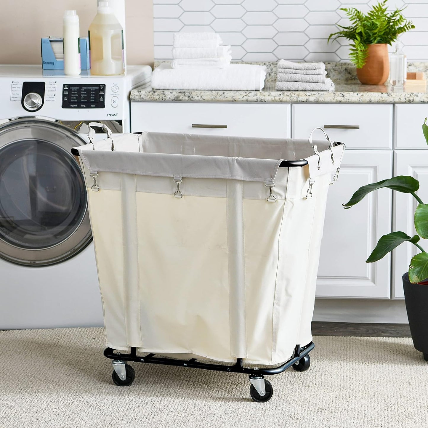 Heavy-Duty Rolling Laundry Cart with Wheels  Natural Canvas Hamper Basket with Durable Black Steel Frame for Home, Commercial and Hotel Laundry Organization