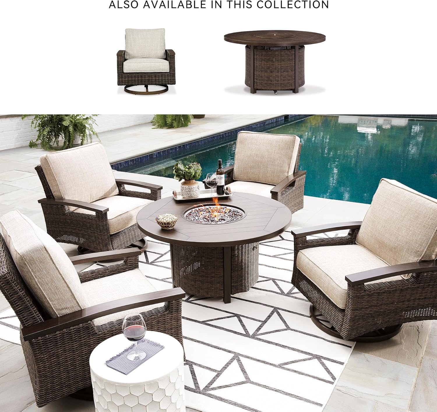 Outdoor Round Wicker Fire Pit Table, Patio Gas Fire Table with Glass Guard, Cozy Backyard Heating & Conversation Table for Garden, Deck & Porch