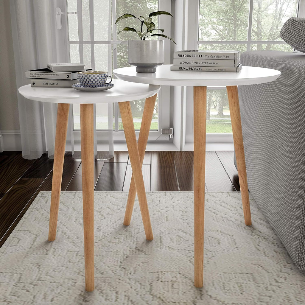 Modern Nesting Round Side Tables Set of 2 – Mid-Century Accent Tables for Living Room, Bedroom & Home Office – Space-Saving Stackable End Table Set – White & Natural Finish