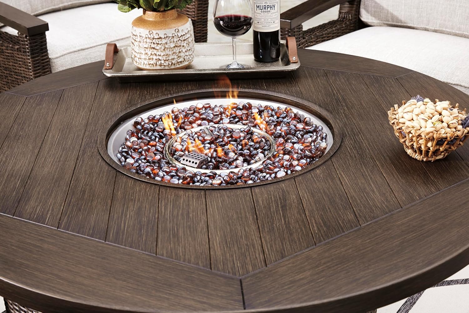Outdoor Round Wicker Fire Pit Table, Patio Gas Fire Table with Glass Guard, Cozy Backyard Heating & Conversation Table for Garden, Deck & Porch