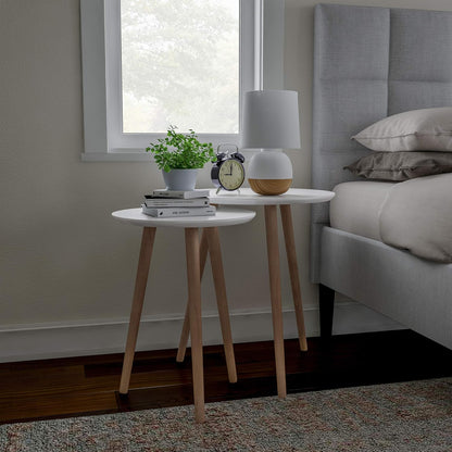 Modern Nesting Round Side Tables Set of 2 – Mid-Century Accent Tables for Living Room, Bedroom & Home Office – Space-Saving Stackable End Table Set – White & Natural Finish