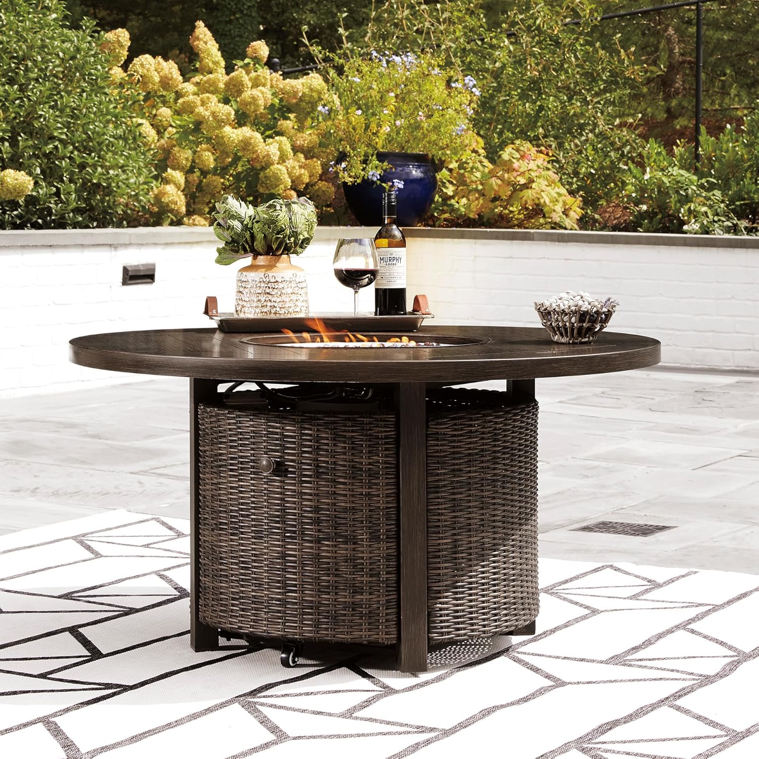 Outdoor Round Wicker Fire Pit Table, Patio Gas Fire Table with Glass Guard, Cozy Backyard Heating & Conversation Table for Garden, Deck & Porch